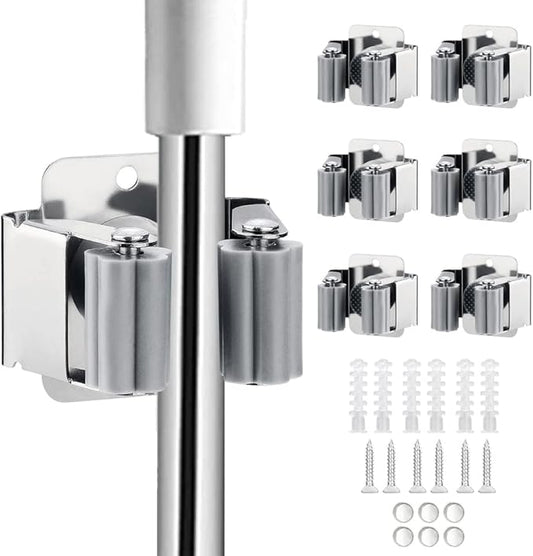6PCS Broom and Mop Holder, Heavy Duty Garden Tool Organizer Rack Rake and Shovel Handle, Stainless Steel Mop Hanger. Wall Mounted Utility Rack with Screws, Silver.-NeatNest