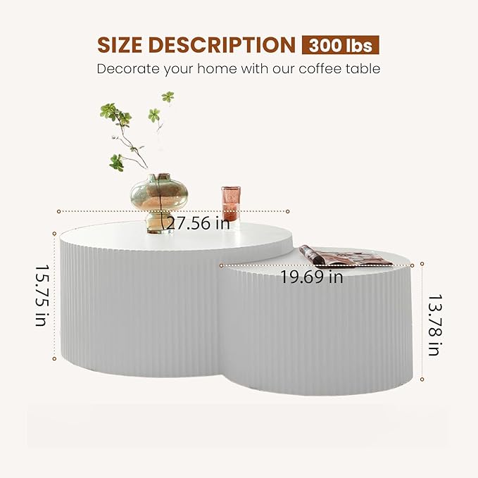 Round Wood Coffee Table Set of 2 Modern Circle Nesting Coffee Table Handcrafted Drum Nesting Table Nesting Coffee Tables for Living Room for Small Space (Cream (D27.56+D19.69 inch))