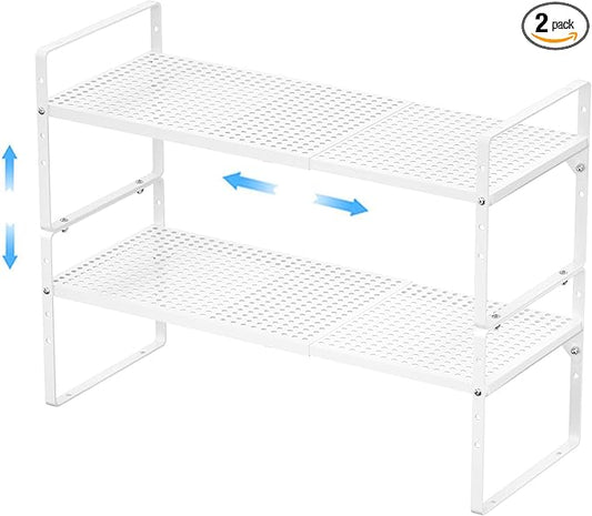 Expandable Kitchen Cabinet Shelf Organizer 2 Pack, Stackable Metal Pantry Storage Shelves, Adjustable Counter Shelf Organizer Rack for Kitchen Cabinets, Cupboard, Countertop, Closet, White-NeatNest