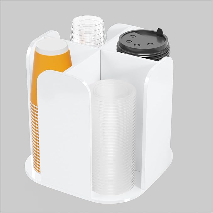 Beego Rotatable 4-Compartment White Acrylic Cup Dispenser - Coffee Station Cup and Lid Carousel Countertop Plastic Cup Holder for Restaurant Breakroom Coffee Bar-NeatNest