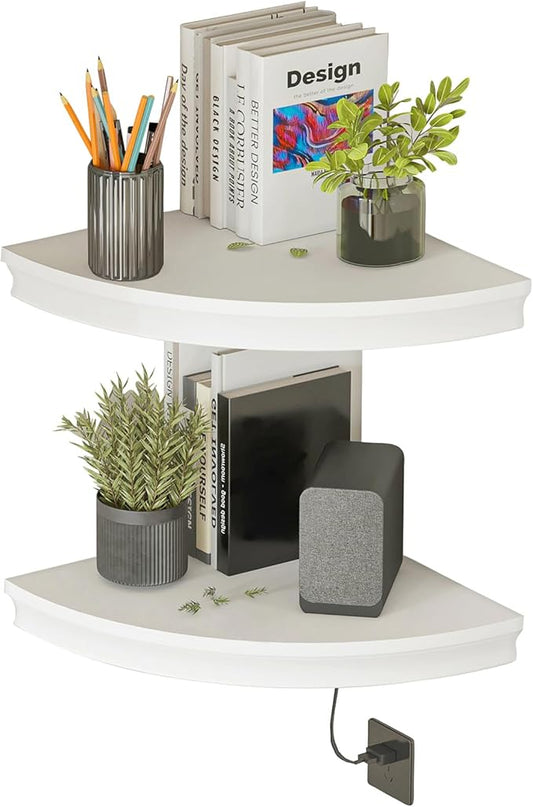 HAO Floating Corner Shelf Invisible Wall Mounted Shelves Radial Shape Cable Wire Hole Pattern Perfect for Bedroom Bathroom Living Room Kitchen Set of 2 White-NeatNest