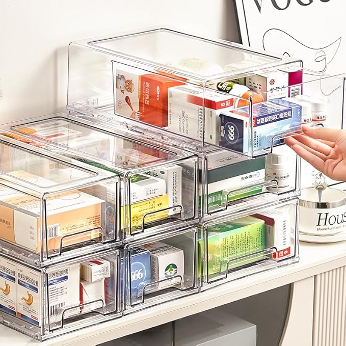 clear Drawer-Type Plastic Storage Box Bins Organizer，Family First Aid Kits Medicine cabinet Box Organizer,Closet ，Shelf，Ointments, Adhesive Bandages，Cosmetics,Office Items (clear, 6L)-NeatNest