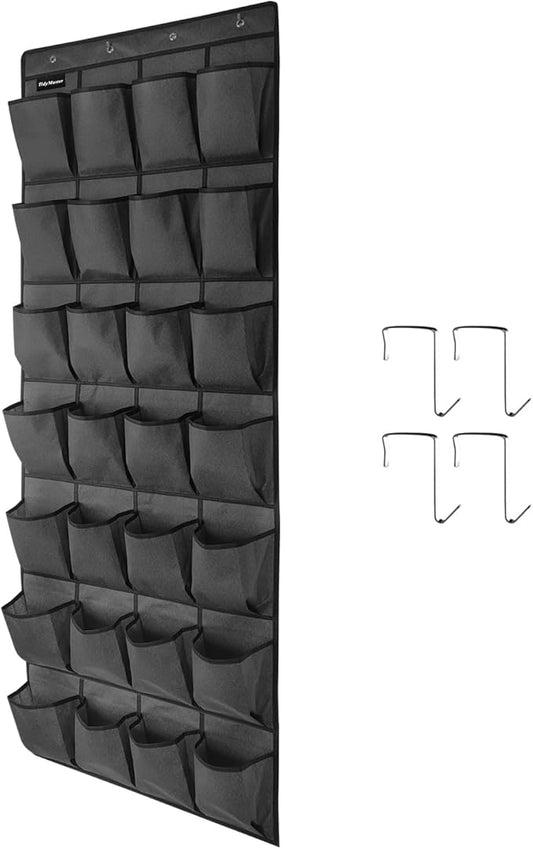 1 Pack 28 Large Pockets Hanging Shoe Organizer Over The Door Shoe Rack for Closet Door Storage Shoe Holder Hanger.4 Hooks.Imitation linen Gray-NeatNest