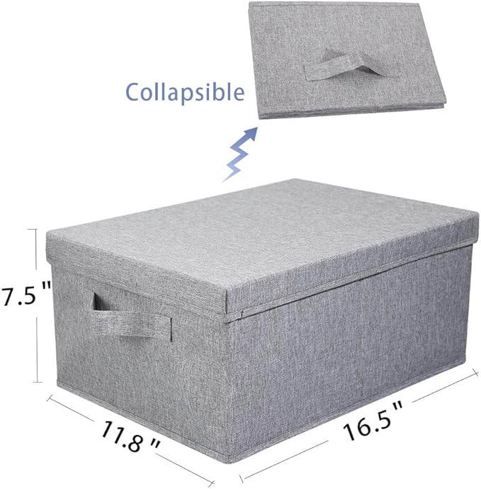 HOONEX Linen Foldable Storage Bins with Lids, 2 Pack, Storage Boxes with Carrying Handles and Sturdy Heavy Cardboard, 16.5" L x 11.8" W x 7.5" H for Shoes, Books, Clothes, Light Grey-NeatNest