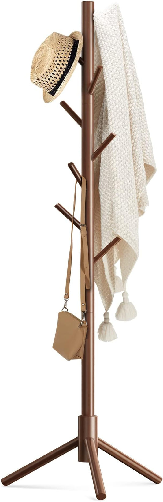 Haddockway Wooden Coat Rack Stand with 8 Hooks New Zealand Pine 3 Adjustable Coat Standing Tree Easy Assembly for Coats, Hats, Scarves and Handbags for Entryway, Hallway, Bedroom, Office-NeatNest