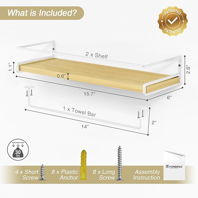 Forbena Floating Shelves for Wall with Rail, White and Natural Wood Nursery Book Shelves for Baby Girls Boys Kids Room Bedroom, Hanging Bookshelves Wall Mounted for Books, Toys, Bathroom (Set of 2)-NeatNest