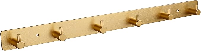 Gold Wall Hooks, Brushed Gold Bathroom Hook Rail, Self Adhesive 6 Hooks Key Hook Rack Hanger Towel Robe Stick Hooks for Toilet Entryway Hallway Kitchen Wall Mounted