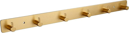 Gold Wall Hooks, Brushed Gold Bathroom Hook Rail, Self Adhesive 6 Hooks Key Hook Rack Hanger Towel Robe Stick Hooks for Toilet Entryway Hallway Kitchen Wall Mounted