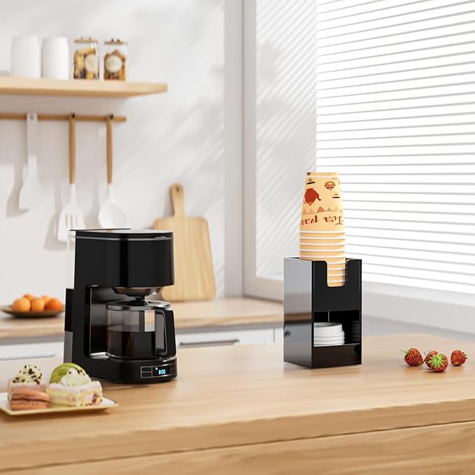 Coffee Condiment and Cup Organizer - 2-Tier Upright Cup and Lid Holder with Straw Organizer 2 Compartments Black Acrylic Cup Dispenser for Restaurant Breakroom Coffee Station Countertop-NeatNest