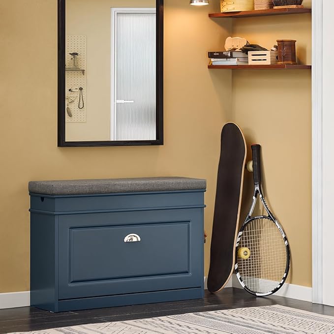 Haotian Shoe Storage Bench with Cushion, Navy Narrow Shoe Rack for Entryway, Small Shoe Cabinet with 2 Tiers Flip-Drawer, Closet Hallway Mudroom FSR82-L-B-NeatNest