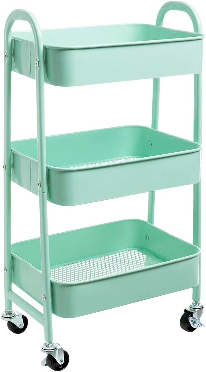 AGTEK Makeup Cart, Movable Rolling Organizer Cart, Macaron Blue 3 Tier Metal Utility Cart-NeatNest