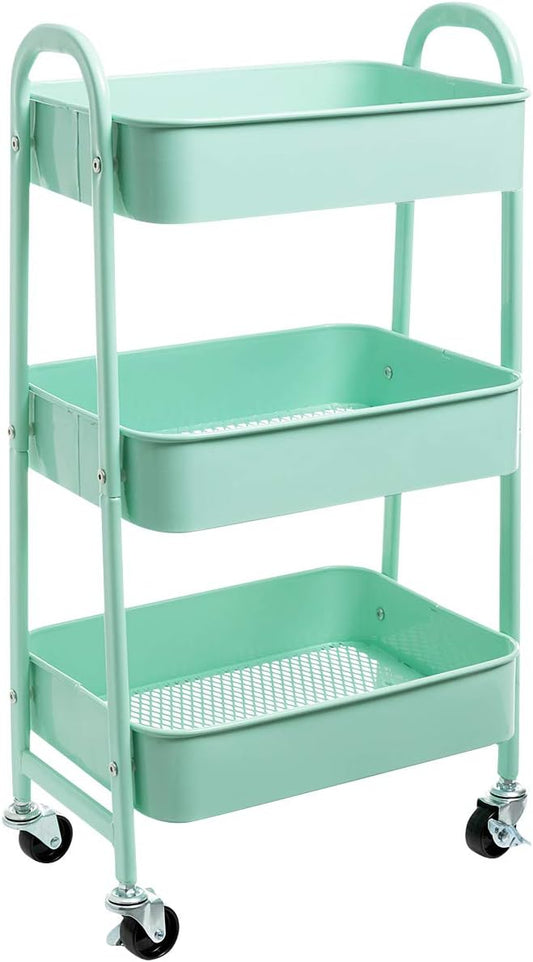 AGTEK Makeup Cart, Movable Rolling Organizer Cart, Macaron Blue 3 Tier Metal Utility Cart-NeatNest