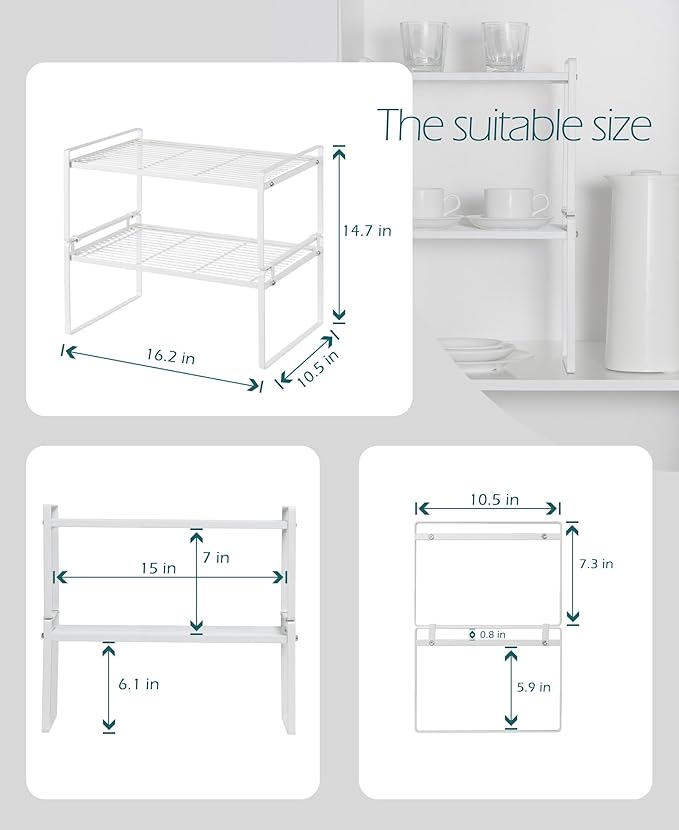2Pack Kitchen Cabinet Shelf Counter Organizer Rack Pantry Storage Bathroom Bedroom Office Table Desk Space Saving Stackable Rust Resistant Non Slip White Wide L16.1in W10.6in H7.3in-NeatNest