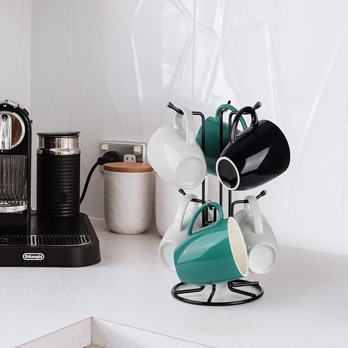HULISEN Mug Tree for Large Cups, Counter Coffee Mug Holder with 6 Hooks, Metal Coffee Cup Holder Tree, Standing Rack for Countertop, Kitchen Counter Decor, Black-NeatNest