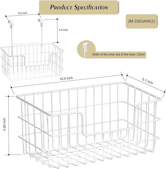 Wire Storage Basket 2 Packs, Wall Mounted Kitchen Bathroom, Hanging Cabinet Door Storage Basket, no Drilling, Supporting 2 Types of Hooks, Strong Bearing, Suitable for Home, White