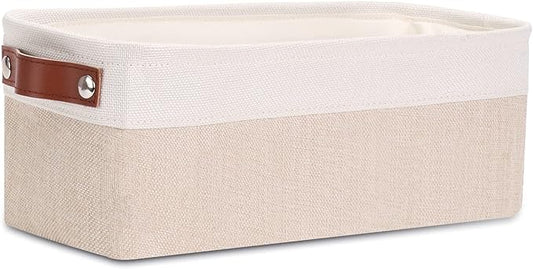 DULLEMELO Fabric Bathroom Storage Bin with Leather Handles, Narrow Organizer for Towels, Toilet Paper Rolls, Storage Basket for Back of Toilet, Vanities, Shelves & Cabinets (White&Khaki)-NeatNest