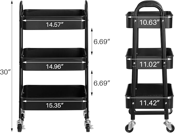 AGTEK 3-Tier Rolling Carts with Wheels, Rolling Utility Cart with Iron Frame for Kitchen, Plastic Shelves, Living Room, Office, Black