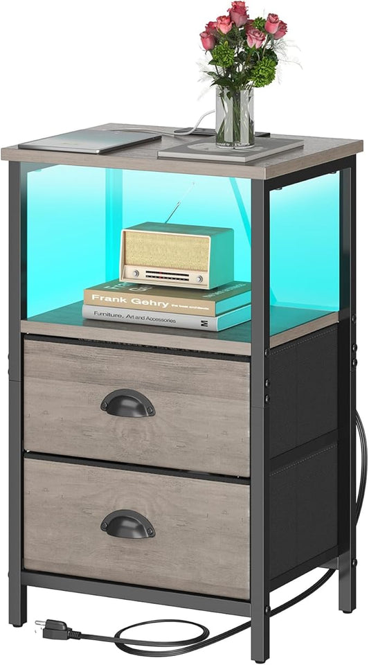 Nightstand with Charging Station, LED Night Stand with 2 Fabric Drawers, Grey Bedside Tables End Table with Drawers, 2-Tier Storage Side Table Nightstand with Drawers for Bedroom, Grey