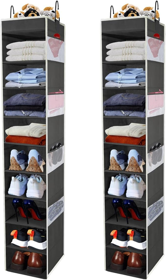2 Pack Large-Sized Hanging Shoe Organizer 10-Shelf, Sturdy Hanging Closet Organizer with 8 Side Pockets, Wider Hanging Shelves for Storage Shoes Clothes Jeans Shirts Toys, Black-NeatNest