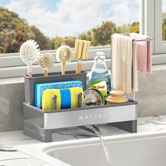 Nacial Sponge Holder for Kitchen Sink, Sink Caddy Organizer with High Brush Holder, Two Towel Racks & Soap Dispenser- Rustproof 304 Stainless Steel Kitchen Countertop Storage Essentials - Gris-NeatNest