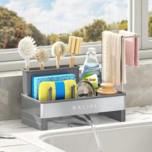 Nacial Sponge Holder for Kitchen Sink, Sink Caddy Organizer with High Brush Holder, Two Towel Racks & Soap Dispenser- Rustproof 304 Stainless Steel Kitchen Countertop Storage Essentials - Gris-NeatNest