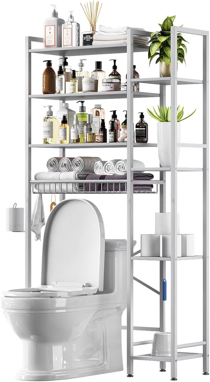 8-Tier Over The Toilet Storage with Side Rack, Over Toilet Storage Rack with Adjustable Shelf & Drain Basket, Freestanding Bathroom Organizer for Balcony, Laundry (Pure White)