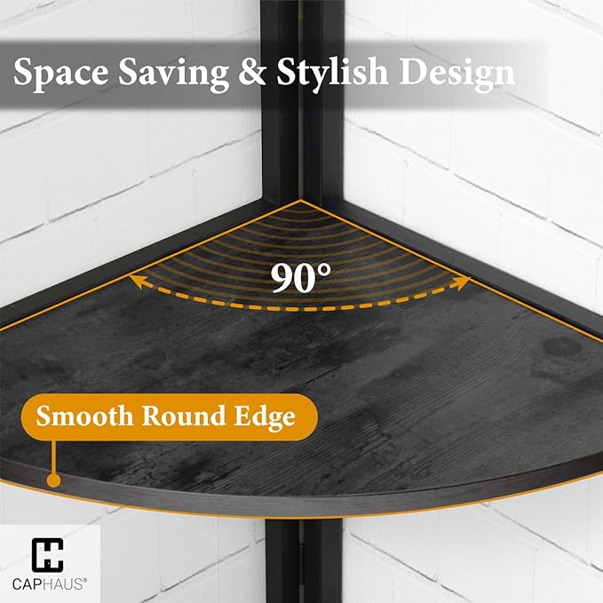 CAPHAUS Tall Corner Shelf Stand, 5-Tier Display Shelves, Ladder Corner Wood Storage Plant Bookshelf with Metal Frame, Versatile Shelving Unit Bookcase for Home Office Space, Black-NeatNest