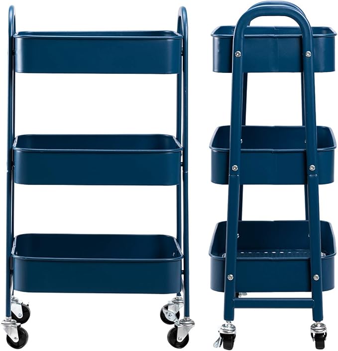 AGTEK Makeup Cart, Movable Rolling Organizer Cart, 3 Tier Metal Utility Cart,Navy Blue-NeatNest