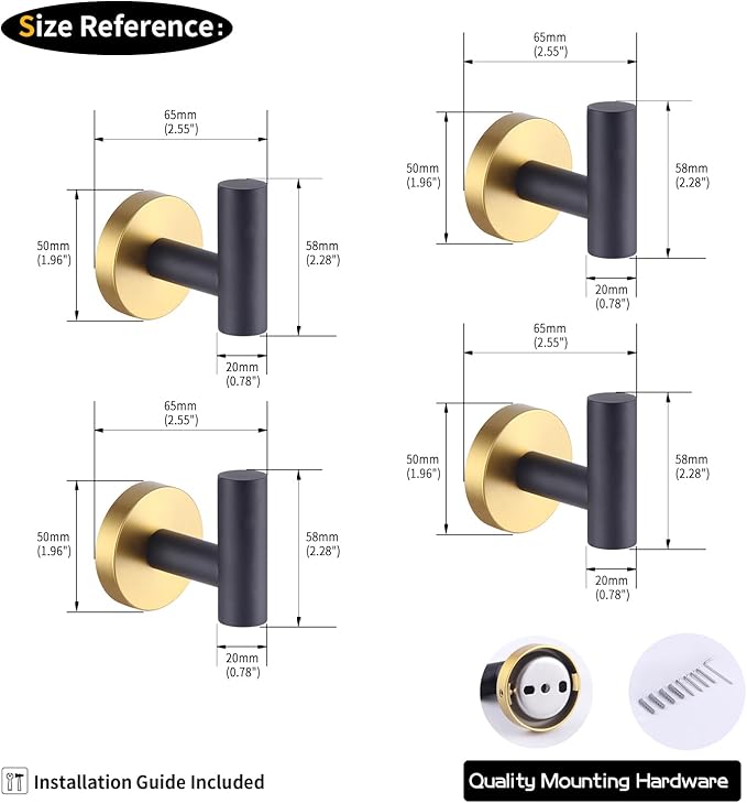 GERZWY Stainless Steel Towel Hook Robe Hook Coat Hook Heavy Duty Wall Mounted Luxury Hooks for Bathroom Hotel 4 Pack (Black & Gold) AG1307B-BD