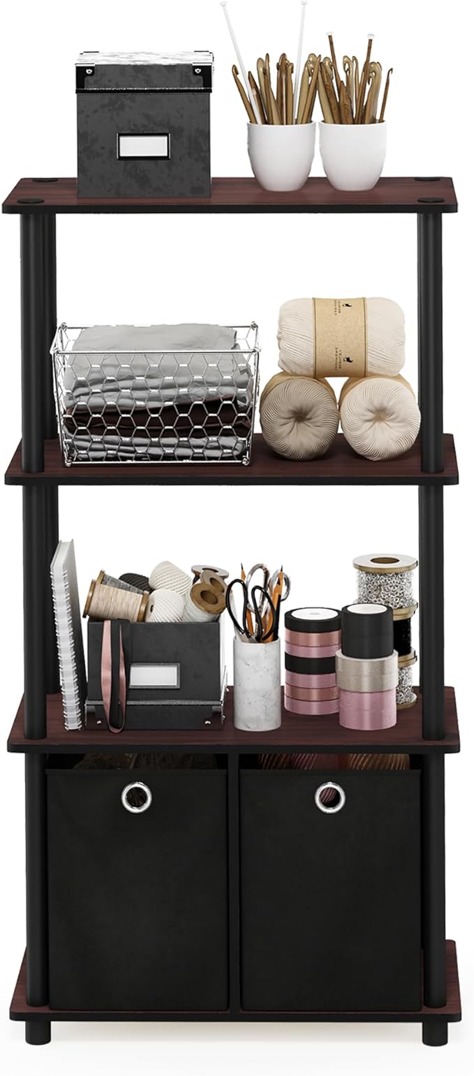 Furinno NW889DC/BK Go Green 4-Tier Multipurpose Storage Rack w/Bins, Dark Cherry/Black-NeatNest