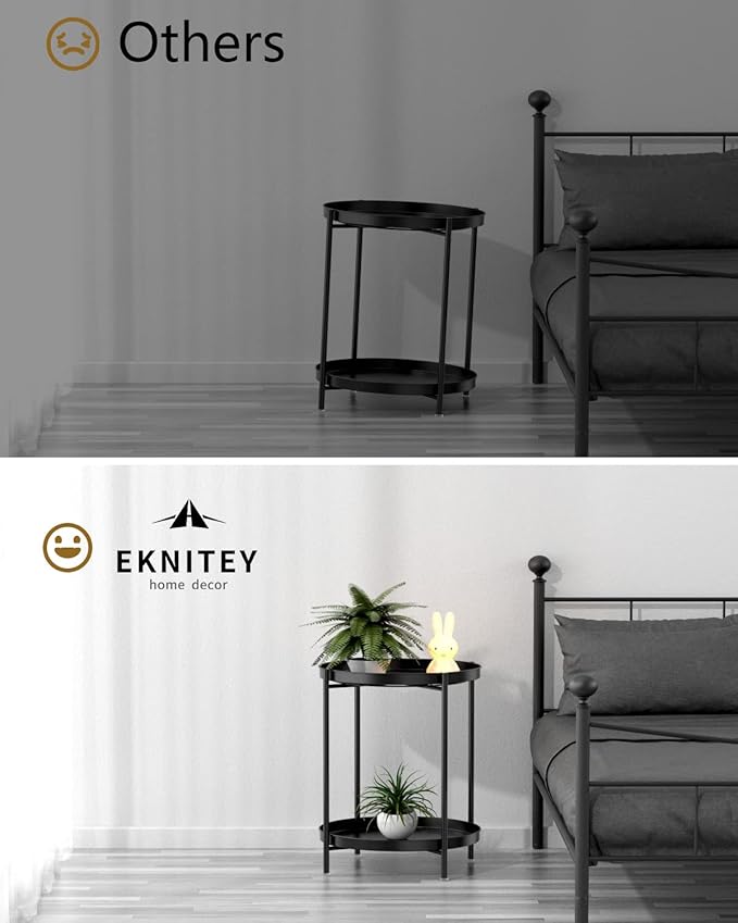EKNITEY 2 Tier End Table - Metal Side Table Waterproof Small Sofa Coffee Side Tables Bedroom Indoor Outdoor with Removable Tray for Living Room Bedroom Balcony and Office (Black)-NeatNest