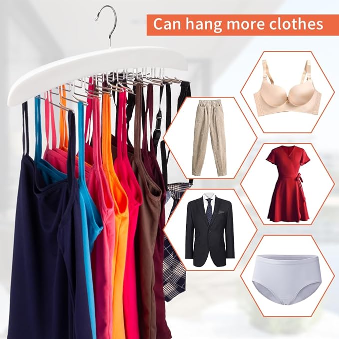 3 Pack Tank Top & Bra Hanger, Tie & Belt Hanger with Natural Wood, 24 Space Saving, 360 Rotating, Foldable Metal Hooks, Closet Organizer and Storage Rack for Tank Tops/Bras/Ties/Belt (White)-NeatNest