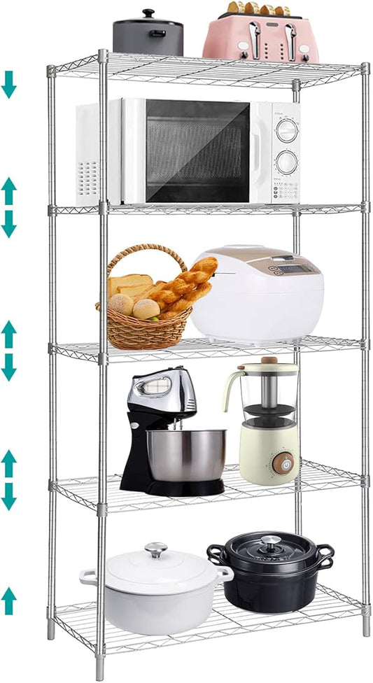 BNSPLY 5 Tier Wire Shelving Unit, Height Adjustable Wire Shelves, Metal Storage Rack Organizer for Laundry, Kitchen, Bathroom, Pantry, Closet (13.5" D x 29" W x 59" H, Chrome)-NeatNest