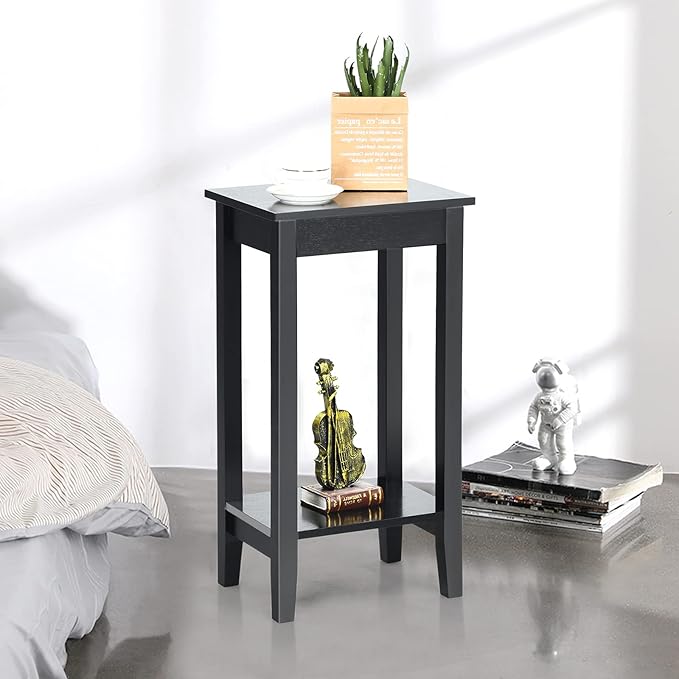Giantex 2-Tier End Table Tall Nightstand, Simple Design Sofa Bedside Table with Versatile Shelf and Wooden Legs for Small Spaces, Living Room, Study, Bedroom, Narrow Telephone Table, Black
