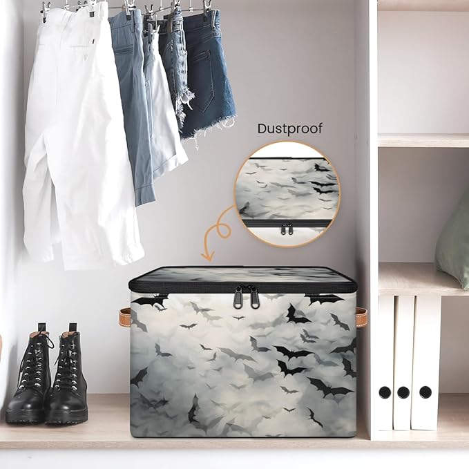 Halloween Bats Storage Bins with Lids, Black Bat Fabric Storage Boxes with Zipper, Collapsible Decorative Closet Organizer Cube for Clothes,Organizing, Shelves-NeatNest