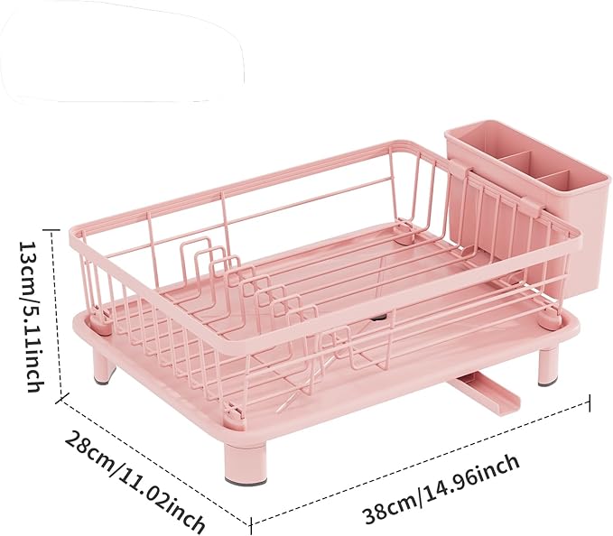 Small Dish Drying Rack, Space Saving Dish Racks for Kitchen Counter, Kitchen Organizer Dish Drainer with Cutlery Holder for Spoons and Forks, 11''W x 15''L, Pink