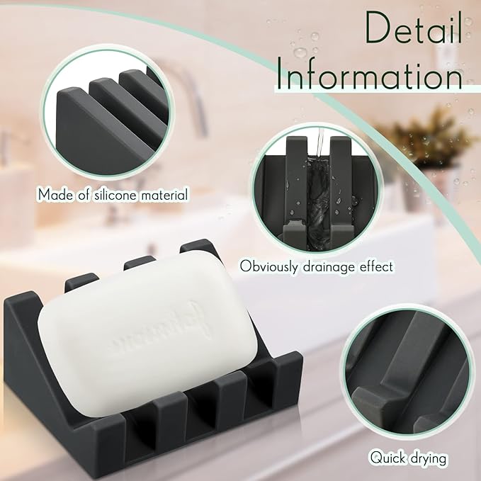 Cunhill 3 Pieces Silicone Soap Dish Self Draining Soap Dish Shower Waterfall Bar Soap Holder Tray with Drain Soap Saver for Kitchen Bathroom Accessories (Light Gray,Bright White,Black)-NeatNest