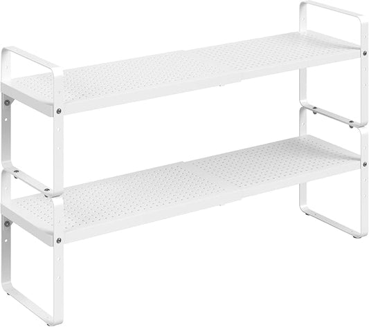 Expandable Cabinet Shelf Organizer Adjustable Metal Spice Rack Stackable Freestanding Counter Storage Shelves for Kitchen Cabinet Under Sink Office Desk (White - 2Pack - L16.5-27'' * W8'' * H9.6'')-NeatNest