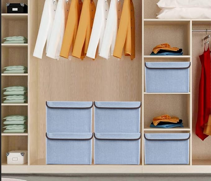 Foldable Storage Bins with Lids, Decorative Storage Baskets, Large Storage Boxes for Home, Office, Bedroom, Closet, Blue, Medium, 4 Pack 14.6 x 9.5 x 9.5”-NeatNest