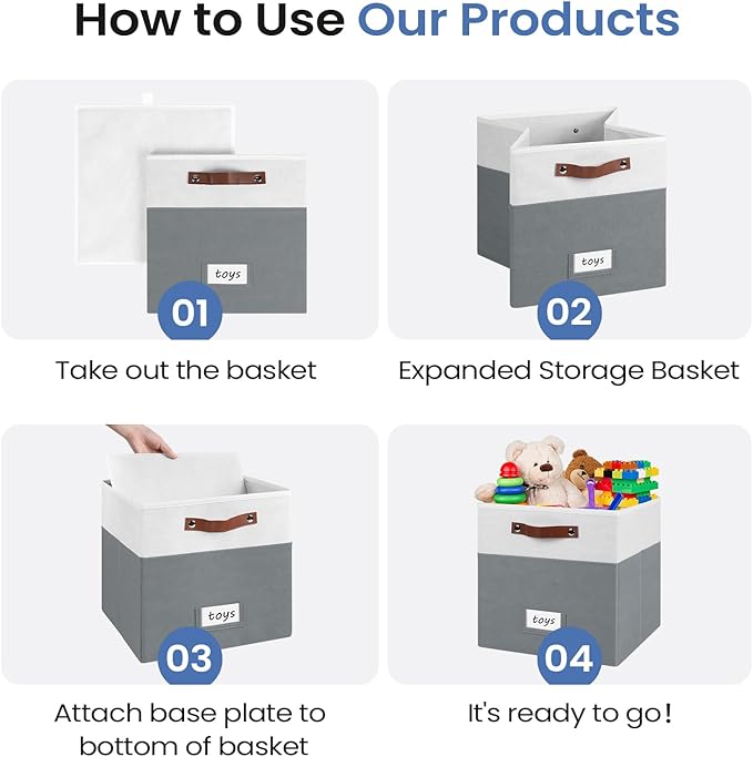 6-Pack Collapsible Fabric Storage Cubes with Handles & Label Holders, Closet Cube Home Organizer Bins (White/Dark Grey, 13 x 13 x 13 inch)