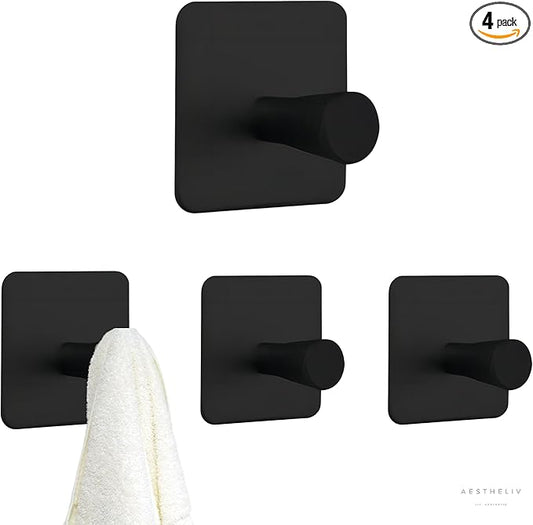 Adhesive Hooks for Hanging - 4 Pack, Heavy-Duty Hooks for Walls No Damage (15lbs) Self-Adhesive Hook for Towles, Robes, Loofhas, Strong Sticky Hook for Closet, Door, Wardrobe. (Black 3)