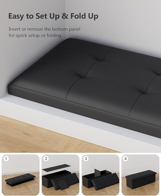 Folding Storage Ottoman Bench, Multi-Functional Ottoman Footrest, End of Bed Bench, Storage Chest for Living Room, Bedroom, Hallway, Entryway, Holds Up to 700 lbs (Black, 43 Inches)