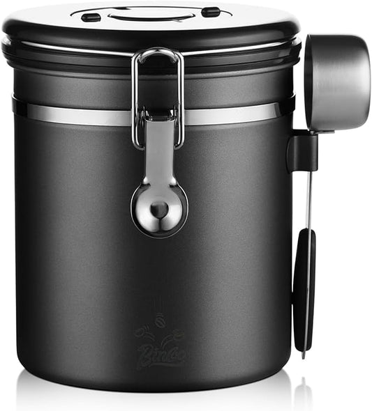 Airtight Coffee Container with CO2 Valve, Holds up to 1.5lb of Beans Stainless Steel Coffee Canister - One-Way Valve Keeps Beans Fresh, Lid, Date Tracker & Scoop, for Coffee Beans Grounds, Tea.