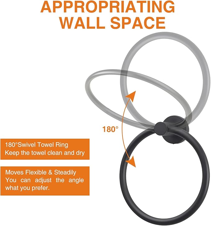 2 Pack Towel Ring for Bathroom, SUS 304 Stainless Steel Hand Towel Holder for Wall Mounted, Heavy Duty Towel Hanger for Bathroom, Kitchen (Matte Black)