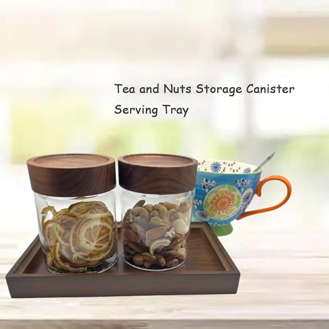 Clear Glass Storage Canister with Airtight Wooden Screw Lid 11oz/350g 2 PACK with Tray,Decorative Container Jar for Coffee,Spice,Candy,Salt,Cookie,Condiment,Pepper,Sugar,Overnight Oatmeal-NeatNest