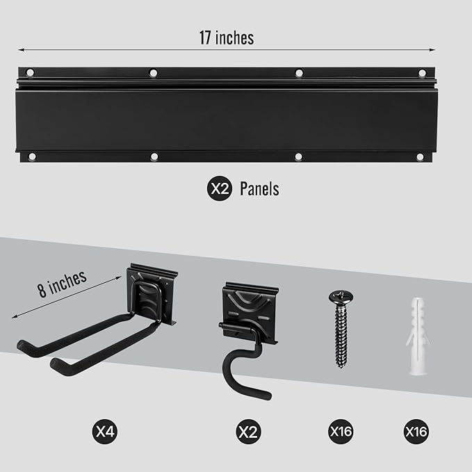 Garden Tool Storage Rack, Outdoor Power Tools Hangers for Garage Wall Organization with 6 assorted Multi-Purpose Hooks, Organizer Holders for Landscaping Equipment, Folding Chairs, Ladders etc.