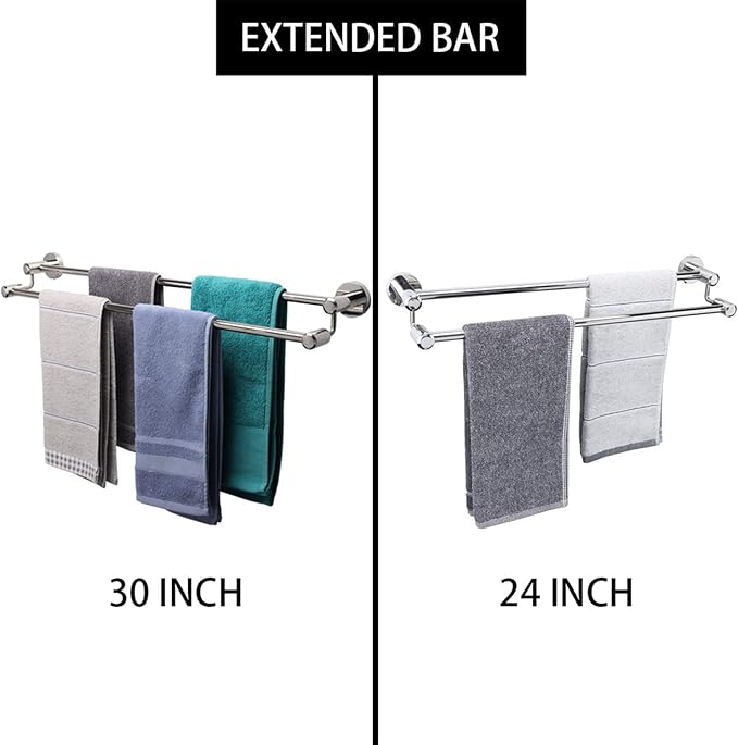 TocTen Double Bath Towel Bar - Thicken SUS304 Stainless Steel Towel Rack for Bathroom, Bathroom Accessories Double Towel Rod Heavy Duty Wall Mounted Towel Holder (Chrome, 30IN)