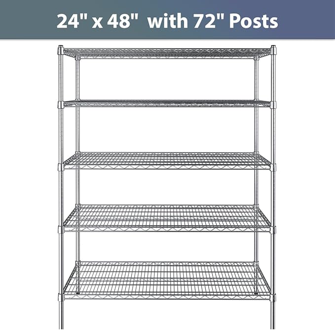 24" x 48" NSF Chrome 5-Shelf Kit with 72" Posts, Commercial Storage Rack Unit, Heavy Duty Storage Shelving, Wire Shelving Kit, Adjustable Rack Strong Steel, Multipurpose Wire Shelf