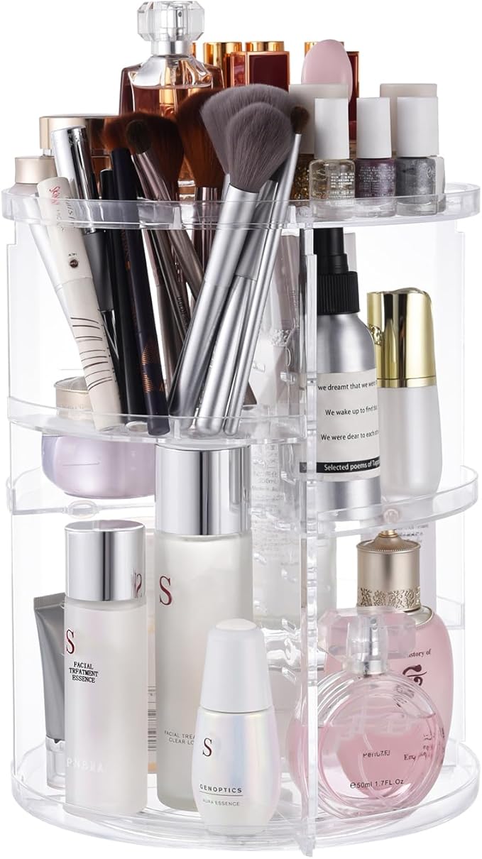 360 Rotating Makeup Organizer,DIY Adjustable Spinning Holder,Foldable Cosmetic Storage Display box,Large Capacity Make up Caddy Shelf,Fits Countertop Vanity and Bathroom (CLEAR)-NeatNest