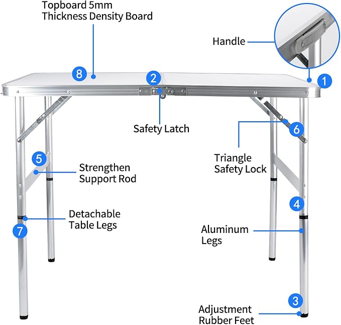 Folding Camping Table 3 Ft Portable Picnic Table Foldable 2 Height Adjustable Aluminum Camp Table Outdoor for Card BBQ White 35.5×23.6×26 inch-NeatNest